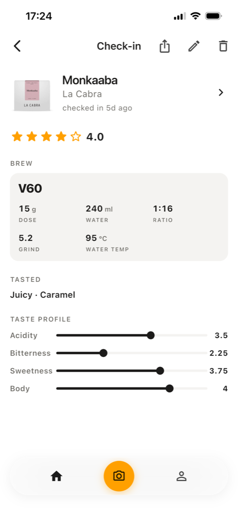 Check-in — rating, brew parameters, tasted notes and taste profile