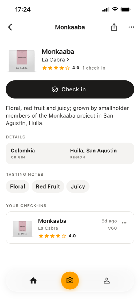 Coffee page — Monkaaba by La Cabra: rating, description, origin details, tasting notes