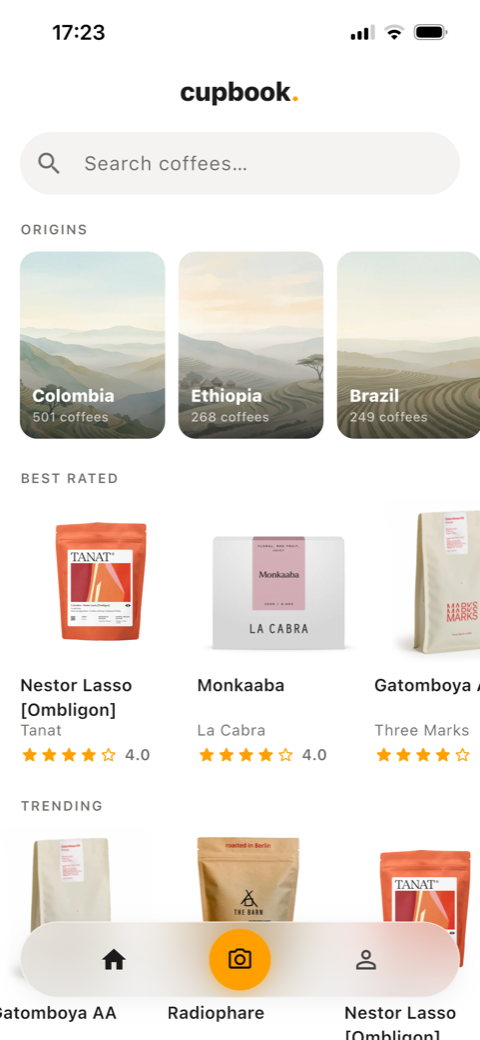 Home — search, illustrated origins, best rated and trending coffees