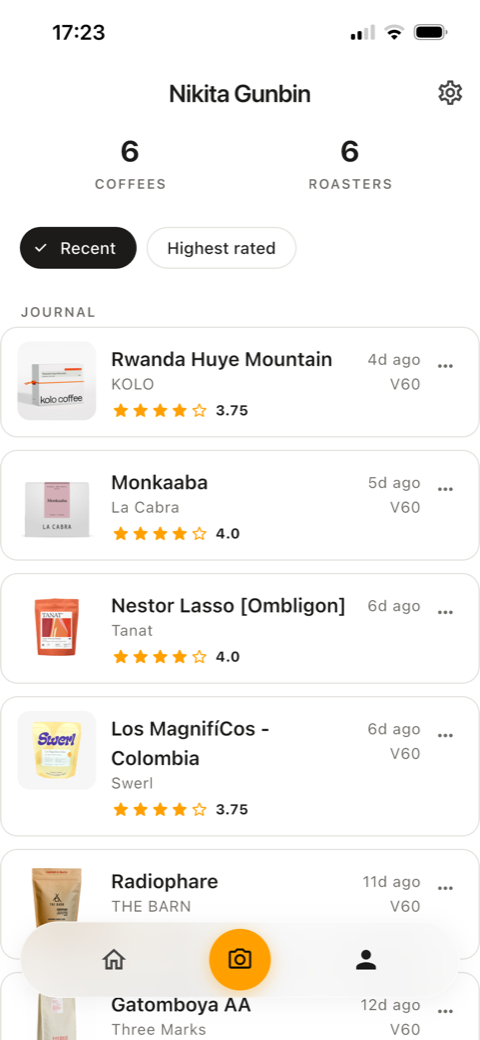 Journal — your coffees, recent and highest rated